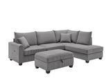 Rowan 107"W Dark Gray Corduroy Fabric Sectional Sofa with Right Facing Chaise, USB & USB-C Charging Port, Storage Ottoman, and Pillows