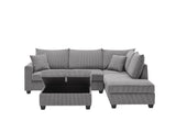 Rowan 107"W Dark Gray Corduroy Fabric Sectional Sofa with Right Facing Chaise, USB & USB-C Charging Port, Storage Ottoman, and Pillows