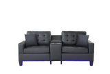 Genesis Black PVC Fabric Sofa Loveseat Living Room Set with LED Lights, USB Charger, Storage Console, Cupholders, Tufted Cushions
