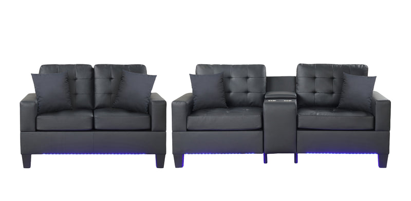 Genesis Black PVC Fabric Sofa Loveseat Living Room Set with LED Lights, USB Charger, Storage Console, Cupholders, Tufted Cushions