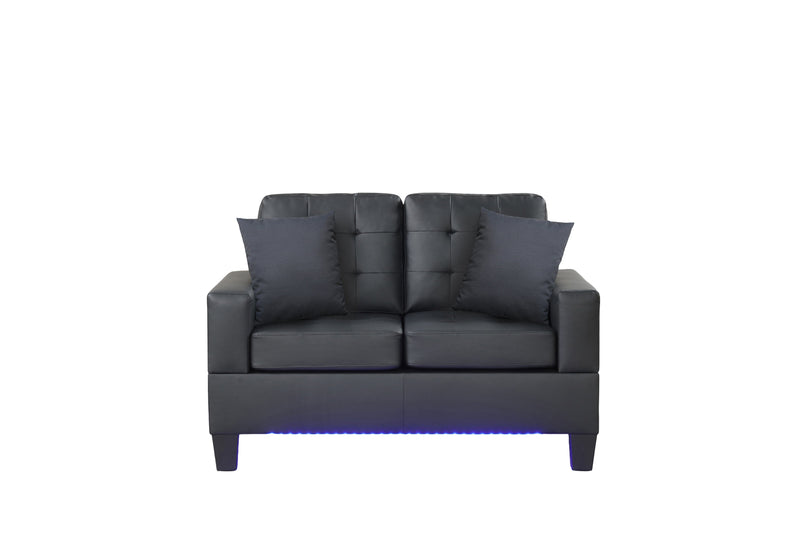 Genesis Black PVC Fabric Sofa Loveseat Living Room Set with LED Lights, USB Charger, Storage Console, Cupholders, Tufted Cushions