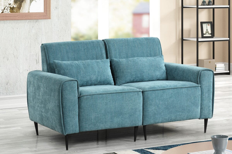 Valentina 62"W Blue Chenille Loveseat with Metal Legs and Throw Pillows