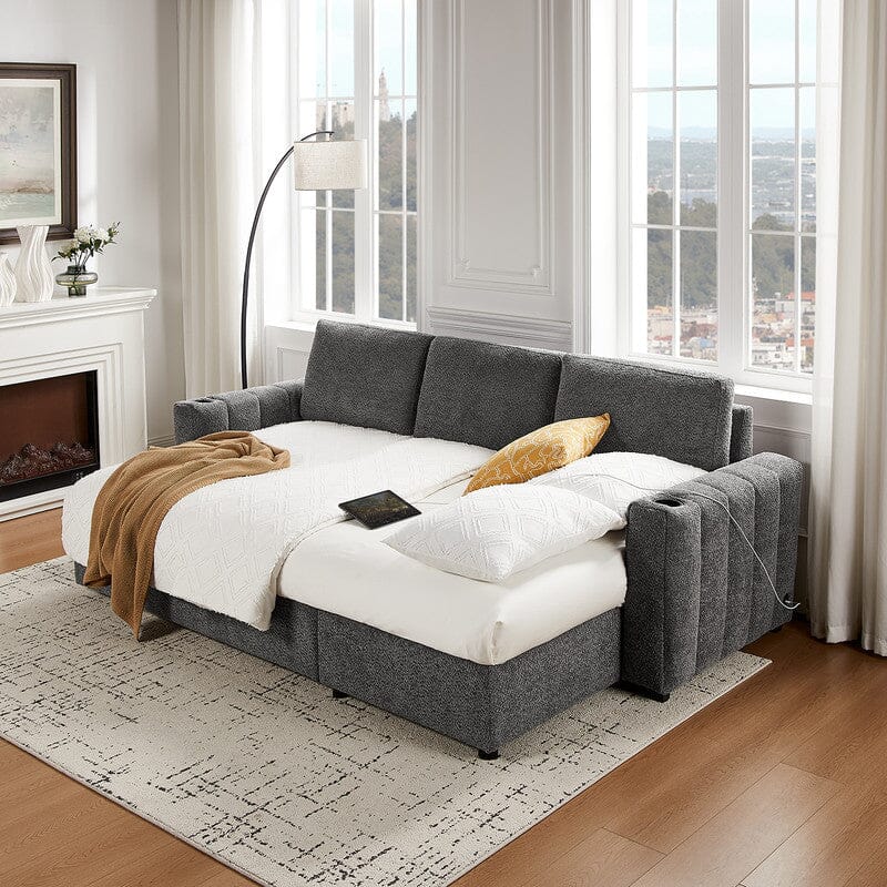 Seraphina 101"W Gray Chenille Fabric Reversible Sleeper Sectional Sofa with Storage Chaise, Cupholders, USB Charging Port, and Throw Pillows