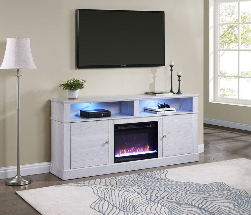 Lucifer 70"W White Walnut Finish TV Stand Console with Fireplace