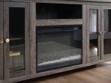 Ellington 70"W Gray Walnut Finish Fireplace TV Stand Console with Heater, LED Light, Cabinets, Shelves