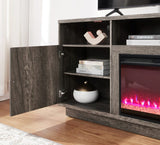 Ambrose 70"W Gray Walnut Finish Fireplace TV Stand Console with Heater, LED Light, Cabinets, Shelves