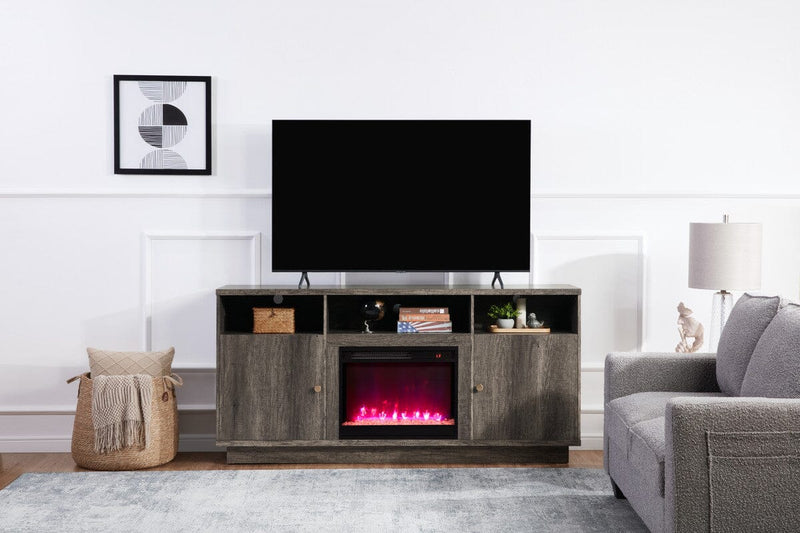 Ambrose 70"W Gray Walnut Finish Fireplace TV Stand Console with Heater, LED Light, Cabinets, Shelves