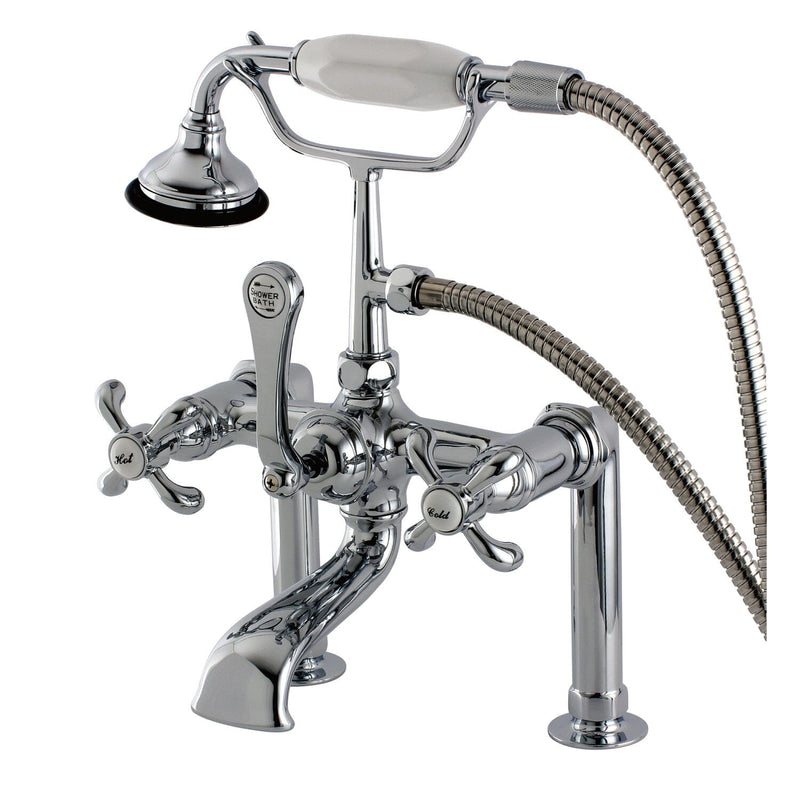 French Country Three-Handle 2-Hole Deck-Mount Clawfoot Tub Faucet with Hand Shower