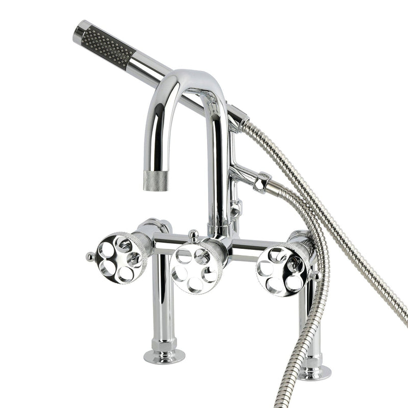 Webb Three-Handle 2-Hole Deck-Mount Clawfoot Tub Faucet with Knurled Handle and Hand Shower