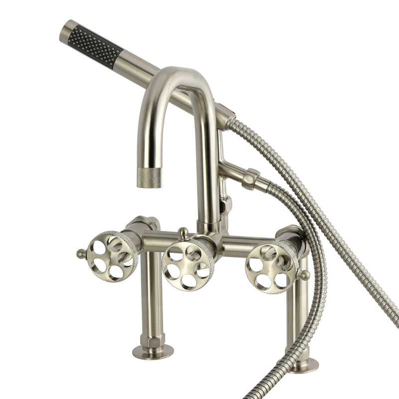 Webb Three-Handle 2-Hole Deck-Mount Clawfoot Tub Faucet with Knurled Handle and Hand Shower