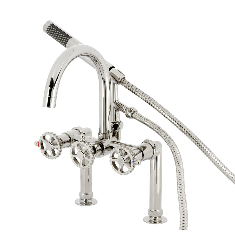 Fuller Three-Handle 2-Hole Deck-Mount Clawfoot Tub Faucet with Hand Shower