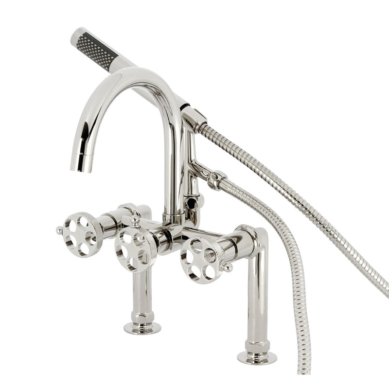 Webb Three-Handle 2-Hole Deck-Mount Clawfoot Tub Faucet with Knurled Handle and Hand Shower