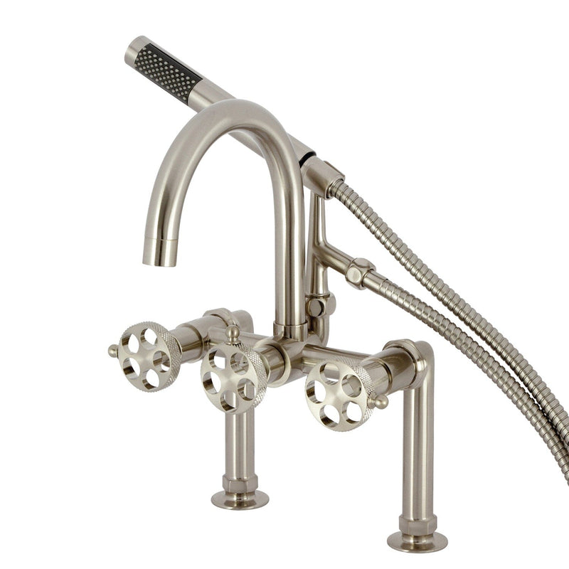 Webb Three-Handle 2-Hole Deck-Mount Clawfoot Tub Faucet with Knurled Handle and Hand Shower