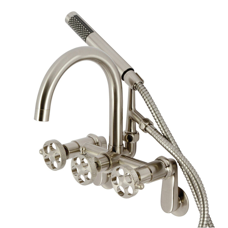 Webb Three-Handle 2-Hole Adjustable Wall Mount Clawfoot Tub Faucet with Knurled Handle and Hand Shower