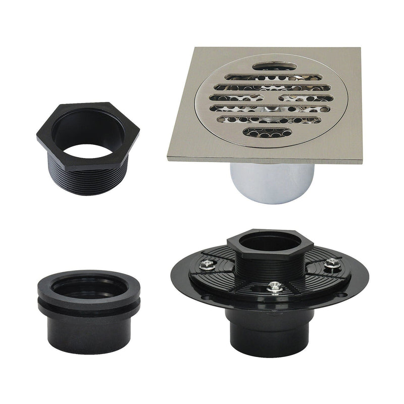 Watercourse 4-Inch Brass Square Grid Shower Drain with Hair Trap and Flange