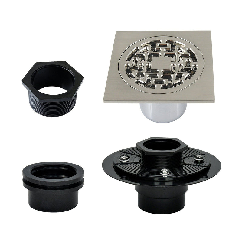 Watercourse 4-Inch Brass Square Grid Shower Drain with Hair Strainer and Base Flange