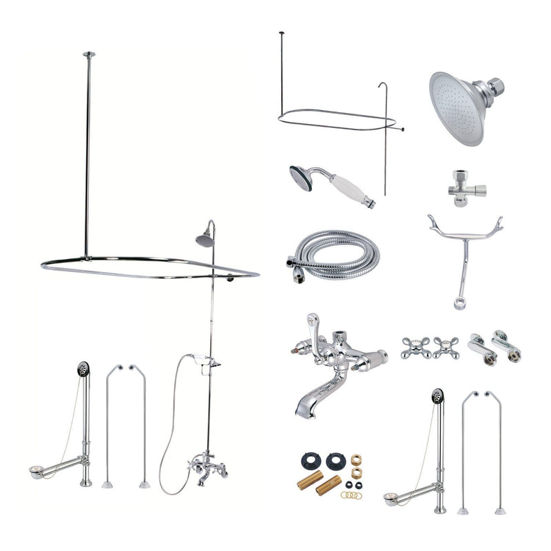 Vintage Three-Handle 2-Hole Tub Wall Mount Clawfoot Tub Faucet Package with Shower Enclosure