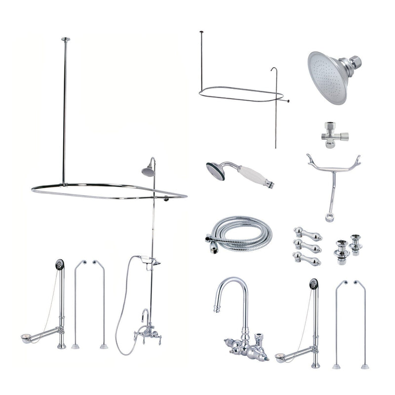 Vintage Three-Handle 2-Hole Tub Wall Mount Clawfoot Tub Faucet Package with Shower Enclosure and Hand Shower