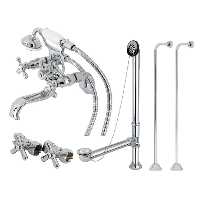 Vintage Three-Handle 2-Hole Tub Wall Mount Clawfoot Tub Faucet Package with Supply Line, Hand Shower and Tub Drain
