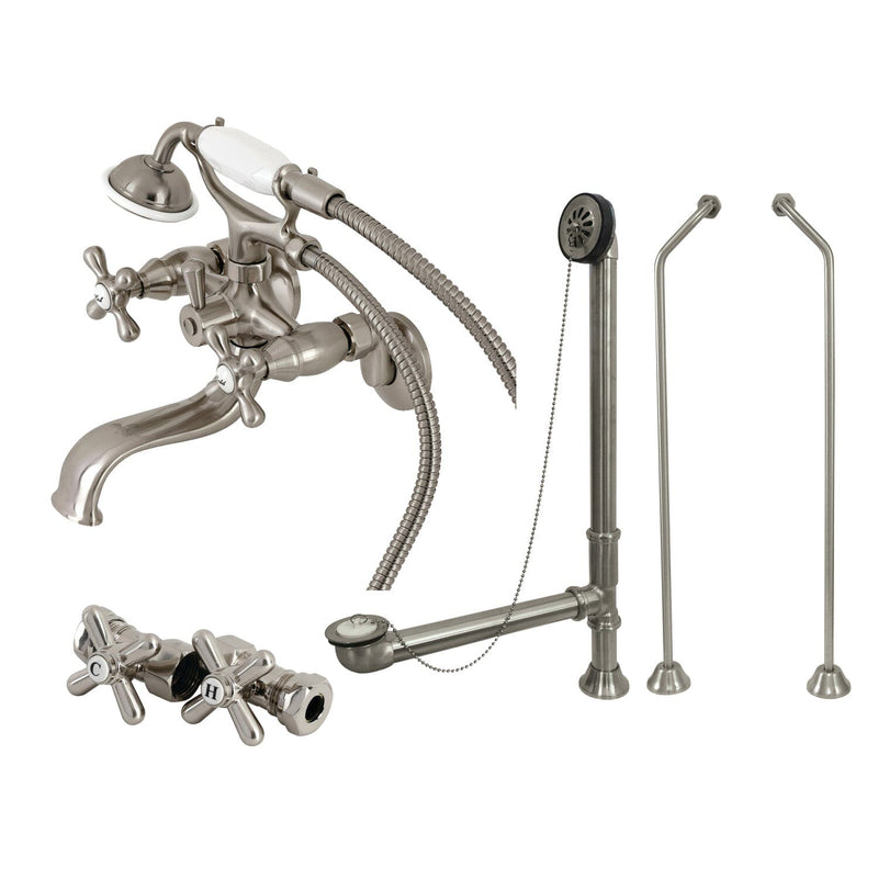 Vintage Three-Handle 2-Hole Tub Wall Mount Clawfoot Tub Faucet Package with Supply Line, Hand Shower and Tub Drain