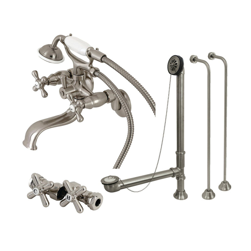 Vintage Three-Handle 2-Hole Tub Wall Mount Clawfoot Tub Faucet Package with Supply Line, Hand Shower and Tub Drain