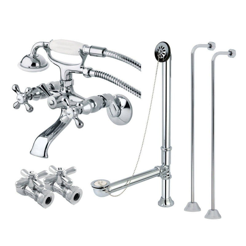 Vintage Two-Handle 2-Hole Tub Wall Mount Clawfoot Tub Faucet Package with Supply Line, Hand Shower and Tub Drain
