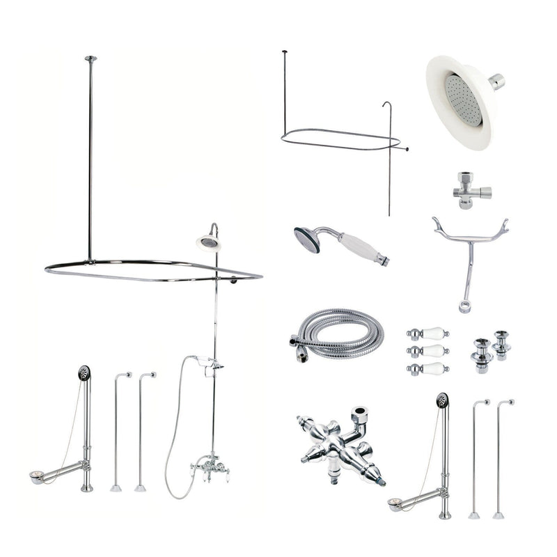 Vintage Three-Handle 2-Hole Tub Wall Mount Clawfoot Tub Faucet Package with Shower Enclosure and Hand Shower