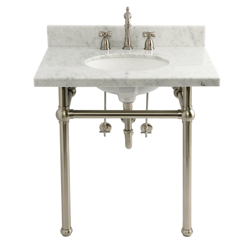 Templeton 30-Inch Carrara Marble Console Sink Set with Widespread Bathroom Faucet and Plumbing Trim Kit (8-Inch, 3-Hole)