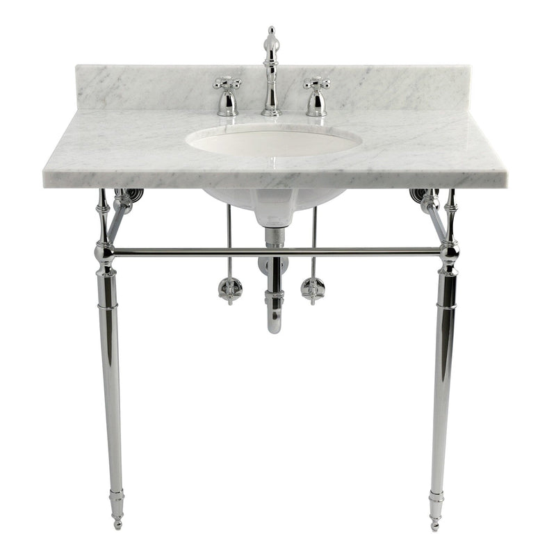 Edwardian 36-Inch Carrara Marble Console Sink Set with Widespread Bathroom Faucet and Plumbing Trim Kit (8-Inch, 3-Hole)