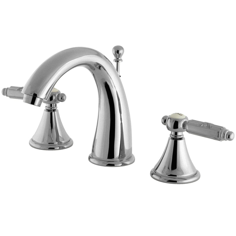 Georgian Two-Handle 3-Hole Deck Mount Widespread Bathroom Faucet with Brass Pop-Up