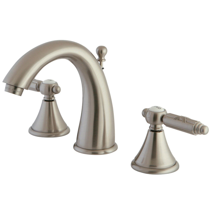 Georgian Two-Handle 3-Hole Deck Mount Widespread Bathroom Faucet with Brass Pop-Up