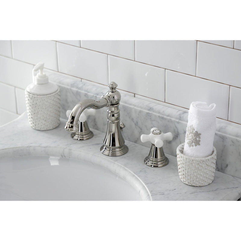 American Classic Two-Handle 3-Hole Deck Mount Widespread Bathroom Faucet with Brass Pop-Up Drain