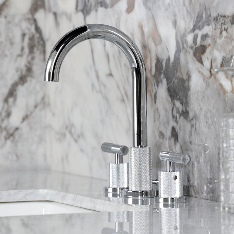 Convergent Two-Handle 3-Hole Deck Mount Widespread Bathroom Faucet with Knurled Handle and Brass Pop-Up