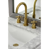Millennium Two-Handle 3-Hole Deck Mount Widespread Bathroom Faucet with Brass Pop-Up