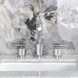 Convergent Two-Handle 3-Hole Deck Mount Widespread Bathroom Faucet with Knurled Handle and Brass Pop-Up