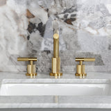 Convergent Two-Handle 3-Hole Deck Mount Widespread Bathroom Faucet with Knurled Handle and Brass Pop-Up
