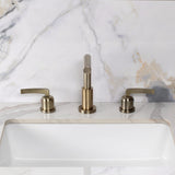 Centurion Two-Handle 3-Hole Deck Mount Widespread Bathroom Faucet with Brass Pop-Up