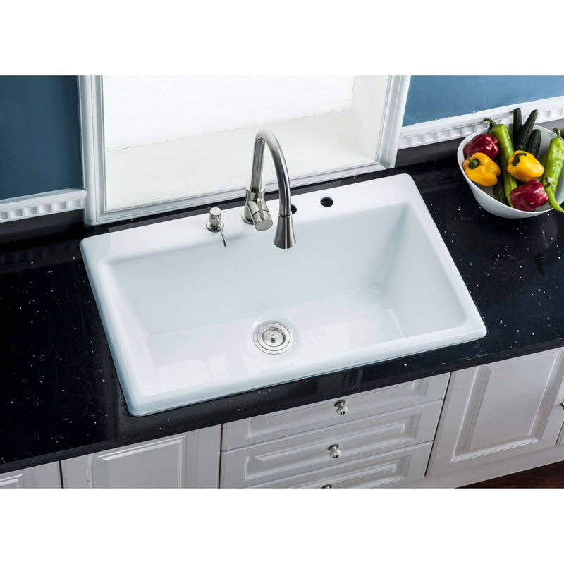 Towne 33-Inch Cast Iron Self-Rimming Single Bowl Drop-In Kitchen Sink (4-Hole)