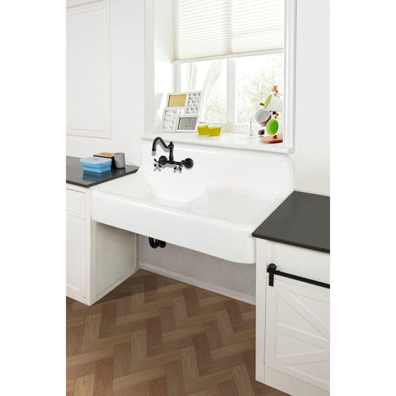 Petra Galley 42-Inch Cast Iron Single Bowl Wall Mount Kitchen Sink with Drainboard