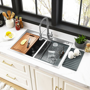 Uptowne 33-Inch Stainless Steel Double Bowl Dual Mount Kitchen Sink with 6-Piece Kitchen Accessory Set