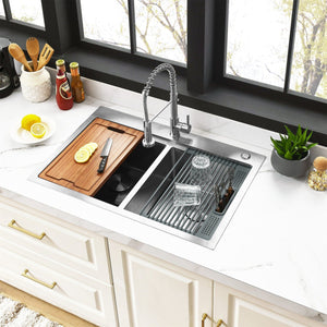 Uptowne 33-Inch Stainless Steel Double Bowl Dual Mount Kitchen Sink with 6-Piece Kitchen Accessory Set