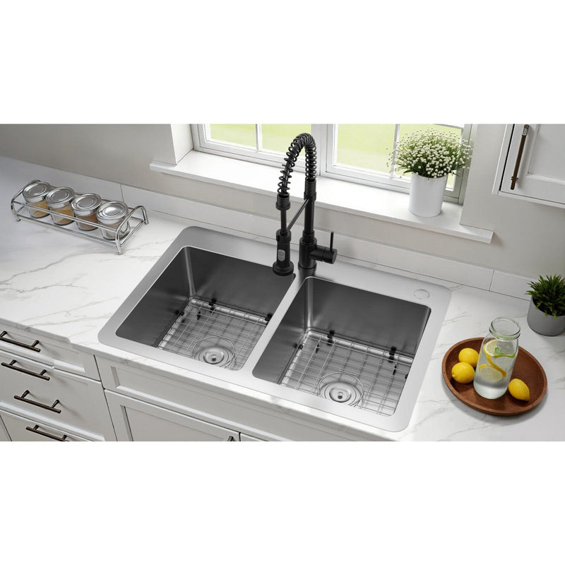 Calgary 33-Inch Stainless Steel Double Bowl Dual Mount Kitchen Sink with Drain
