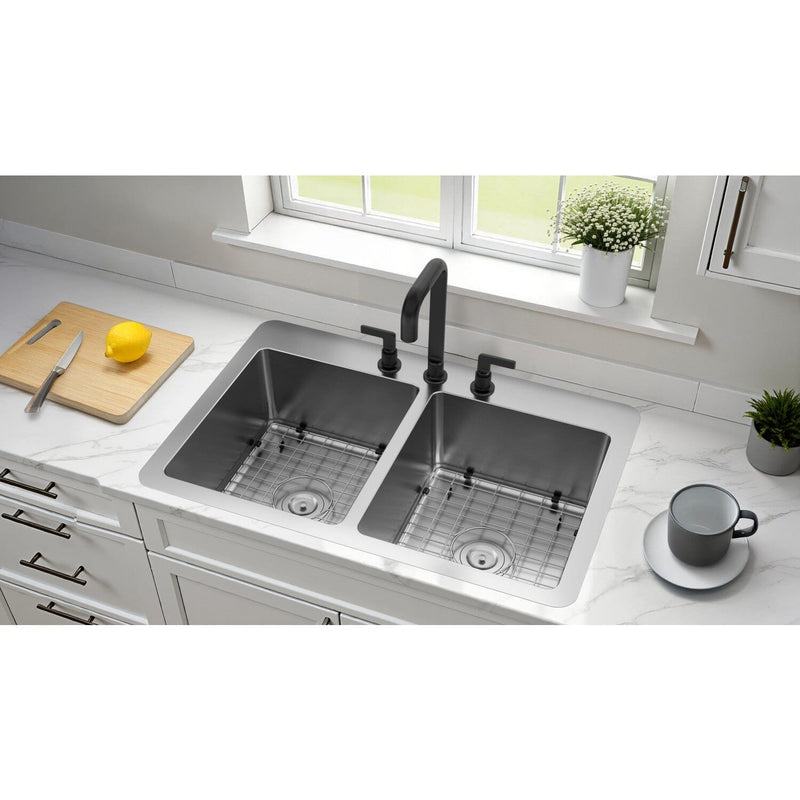 Calgary 33-Inch Stainless Steel Double Bowl Dual Mount Kitchen Sink with Drain