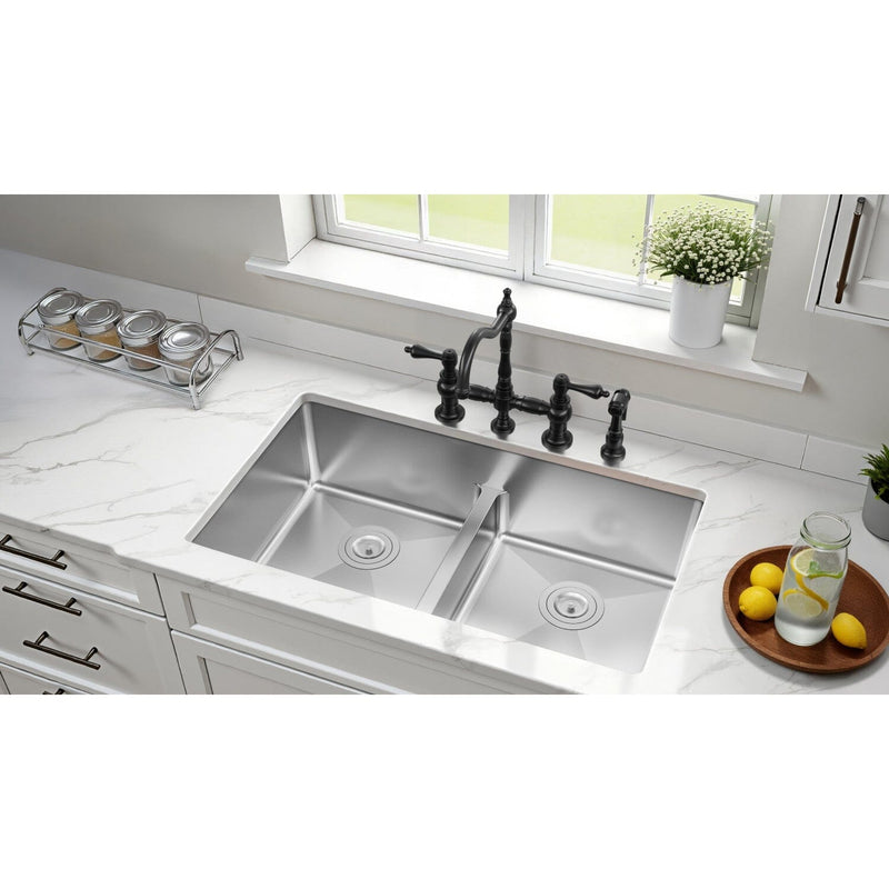 Quebec 33-Inch Stainless Steel Double Bowl Dual Mount Kitchen Sink with Drain