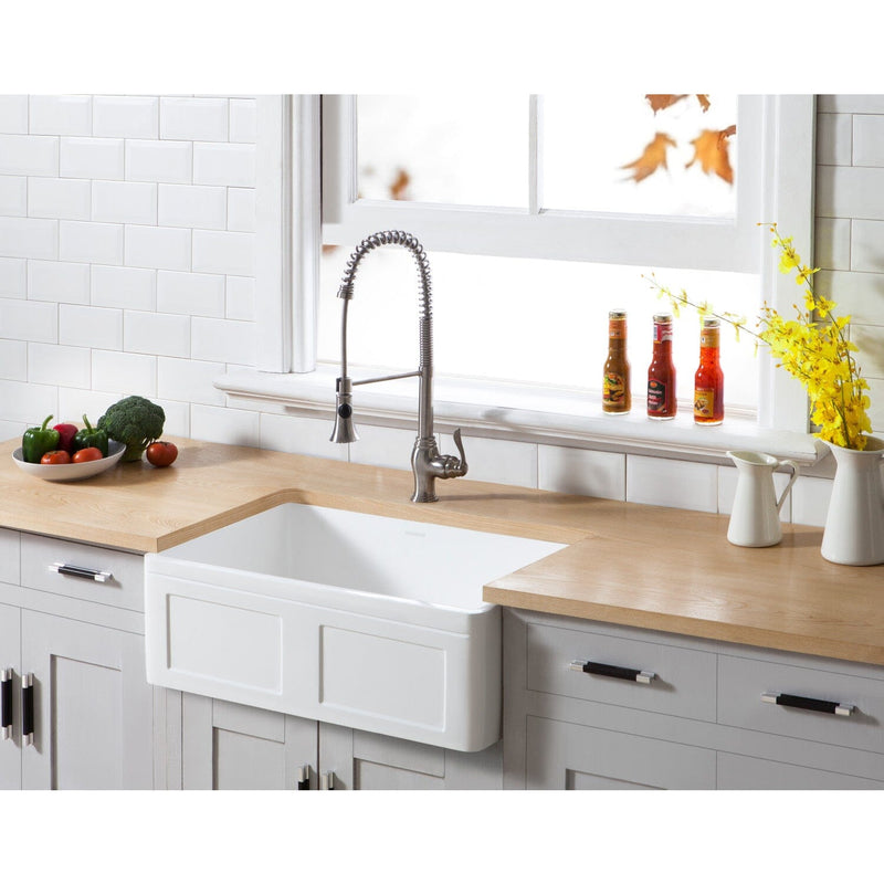 Arcticstone 30-Inch Solid Surface White Stone Apron-Front Single Bowl Farmhouse Kitchen Sink with Strainer