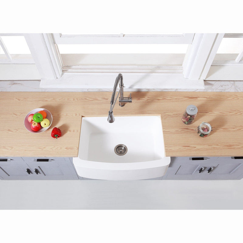 Arcticstone 30-Inch Solid Surface White Stone Apron-Front Single Bowl Farmhouse Kitchen Sink with Strainer