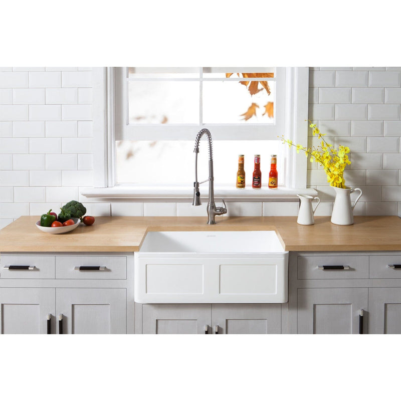 Arcticstone 33-Inch Solid Surface White Stone Apron-Front Single Bowl Farmhouse Kitchen Sink with Strainer