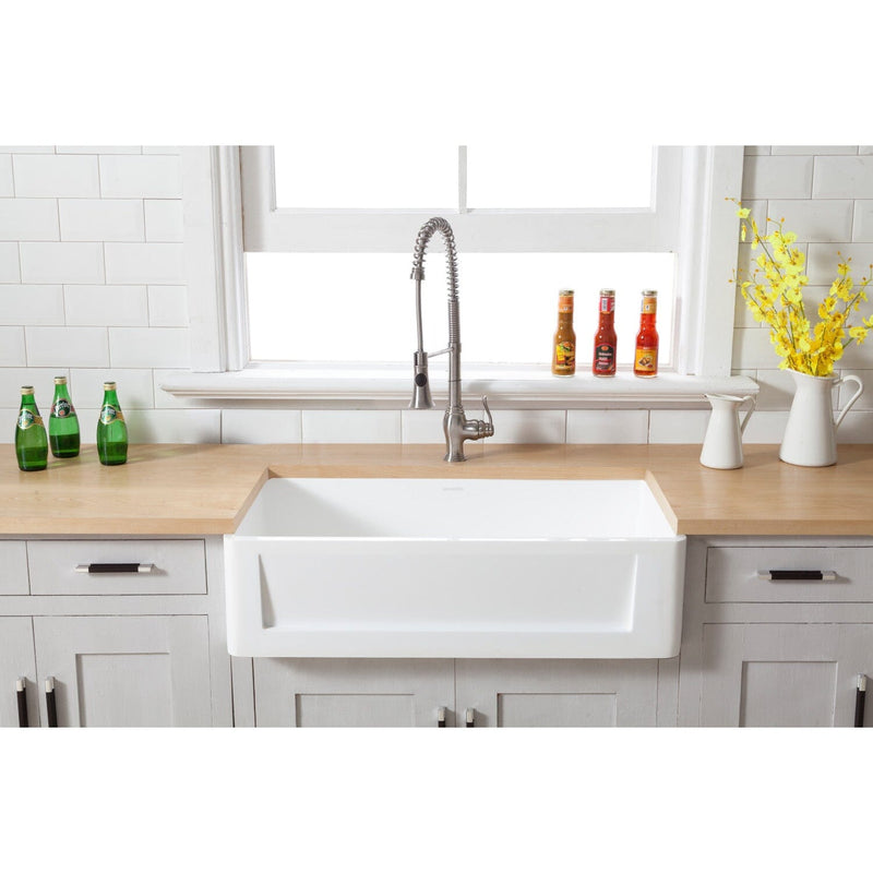 Arcticstone 33-Inch Solid Surface White Stone Apron-Front Single Bowl Farmhouse Kitchen Sink with Strainer