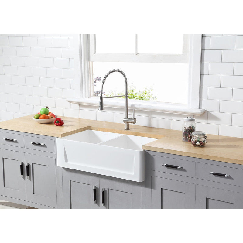 Arcticstone 33-Inch Solid Surface White Stone Apron-Front Double Bowl Farmhouse Kitchen Sink with Strainers x 2