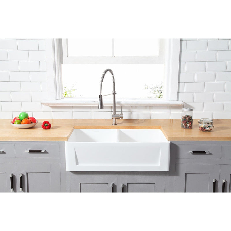 Arcticstone 33-Inch Solid Surface White Stone Apron-Front Double Bowl Farmhouse Kitchen Sink with Strainers x 2